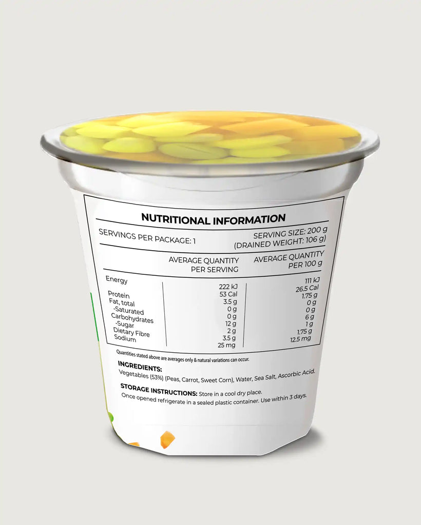 Frisp Vege Cups Peas Carrots Corn 200g Back