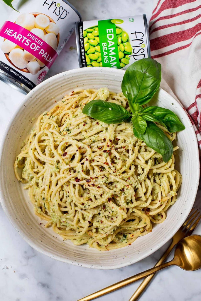 Creamy Hearts of Palm & Edamame Pesto Spaghetti